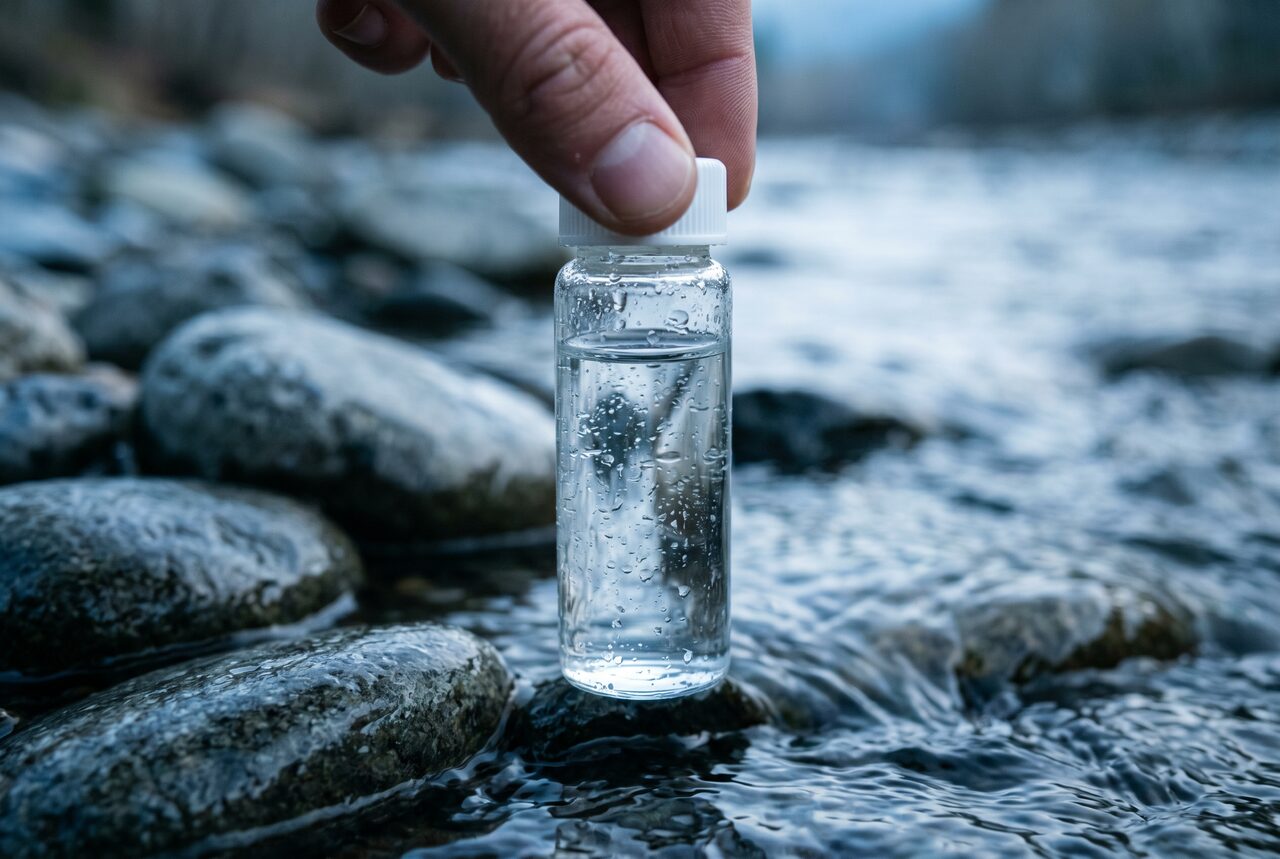 A clear water sample vial held at the edge of a freshwater river